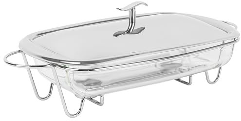 KARL HAUSMANN Chauffe Plat Buffet 3.6L - Réchauffe Plat en Acier INOX avec Insert Verre - Chafing Dish Couvercle Argenté - Plat Chauffant pour Buffets - Plaque Chauffante Bougie Chauffe-Plat