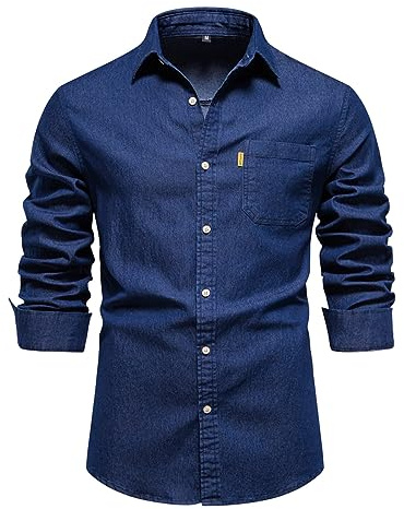 Generico Camicia Uomo Jeans, Camicie Denim Uomo, Regular Fit a Maniche Lunghe Slim Fit Camicia Casual con Bottoni a Pressione Taschino con Risvolto Camicia Uomo No Stiro Camicie Estive Uomo
