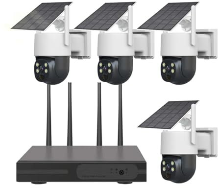 AKAVIG Sistema de cámara de seguridad solar de 4 canales para exteriores de 4 MP de baja potencia con 4 cámaras, kit NVR de vigilancia solar WiFi inalámbrico con visión nocturna a color, audio