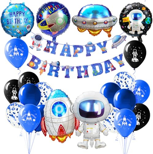 Ainiv Kit Décorations Anniversaire Space, Ballons et Happy Birthday Bannière, Décoration de Ballons en Aluminium Astronaute, Fusée ou Étoile, pour Anniversaire ou Autre Événement