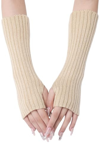 WANYI 1 Paar Fingerlose Handschuhe Lang Gestrickt Armstulpen Damen Warm Fingerless Gloves Weiche Strickhandschuhe Handschuhe für Herbst Winter(Beige)