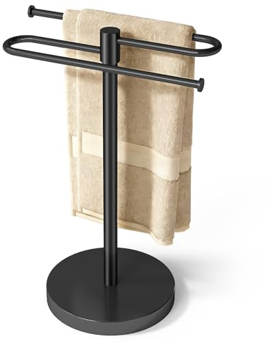 Hand Towel Stand, Stainless Steel Towel Holder for Bathroom Countertop, 15.2 Inch S-Shape Weighted Base Standing Hand Towel Rack Bar Holds 2 Towels for Kitchen Vanity, Black