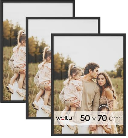 WOLTU Set di 3 Cornici 50x70 cm con Passepartout, Portafoto in Orizzontale o Verticale, da Parete o Tavolo, in Legno MDF, Nero