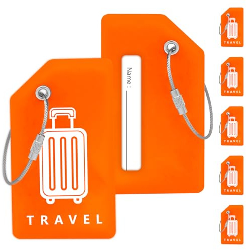 Teskyer 5 Pièces Etiquette Valise - Silicone, Durables, Visibles, Souples, avec Boucles en Acier, avec Carte d'Identité, Étiquettes de Bagage, Voyage Accessoires, Orange