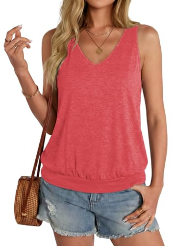 Cuptacc Camisetas Mujer sin Mangas Top Mujer Cuello en V Camisole Top Verano Elegante Color Sólido Tirantes Rojo Sandía, Large L 42-44