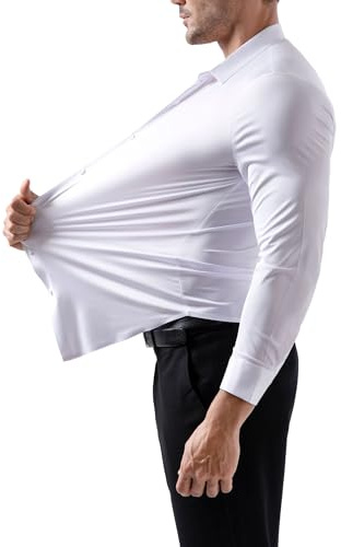 LAMANIERE Mens Formal Shirt Super Stretch Long Sleeve Slim Fit Plain Office Button Down Dress Shirt Regular Collared Muscle Fit