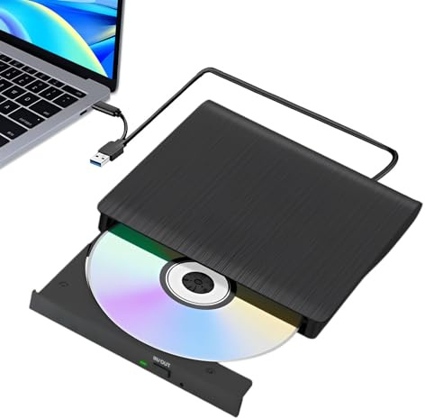 Lettore CD DVD esterno USB 3.0 e tipo C, masterizzatore DVD esterno portatile | Lettore CD esterno per PC MacBook Windows Linux, lettore CD DVD esterno con cavo integrato, Plug and Play
