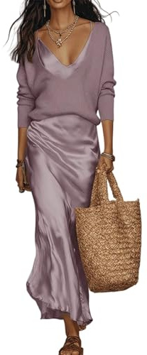Genérico Conjunto de dos piezas para mujer: Vestido de suéter con top de punto de manga larga y cuello en V, y falda lencera de satén. Vestido largo casual de dos piezas.