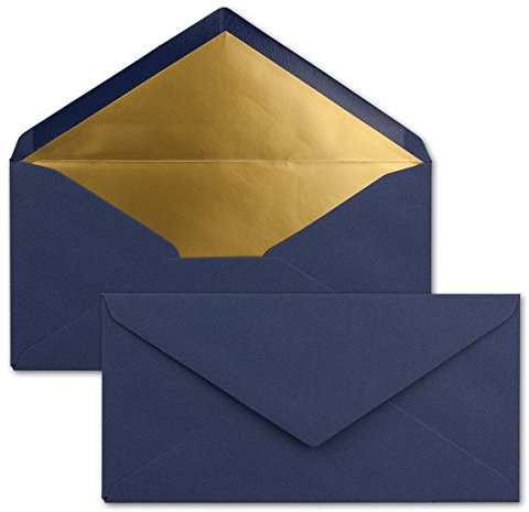 25 Brief-Umschläge DIN Lang - Dunkel-Blau/Nachtblau mit Gold-Metallic Innen-Futter - 110 x 220 mm - Nassklebung - festliche Kuverts für Weihnachten