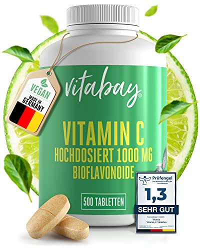Vitabay Vitamina C 1000 mg - 500 Compresse di Vitamina C Naturale con Bioflavonoidi di Agrumi (50 mg) a Rilascio Prolungato - Vegana e ad Alto Dosaggio - Acido Ascorbico (60%) - Testata in Laboratorio