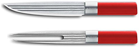 Felix Solingen Absolut ML Line - Cubiertos de trinchar (2 piezas, con cuchillo de trinchar y tenedor de carne, acero de damasco VG10, forjado a mano, mango rojo)