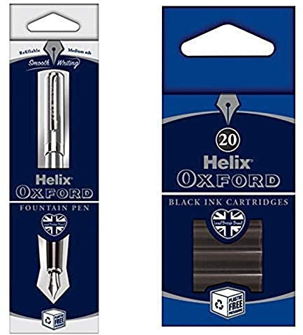 Helix Oxford Fountain Pen (Stainless Steel) with x20 pack of Black Ink Cartridges
