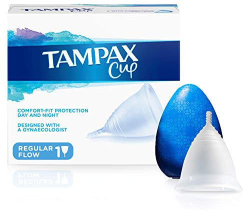 Tampax Cup Tampax Regular Flow, Menstrual Cups, Comfort-fit Protection, Day and Night, Made with 100% Medical Grade Silicone, Clinically Tested, Easy Cleansing, Reusable, Supplied with a Carry Case