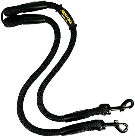 Correa para Perros con Doble Gancho para 2 Perros, Fabricada en España, para Perros pequeños, medianos y Grandes. Negro 55CM + 55CM