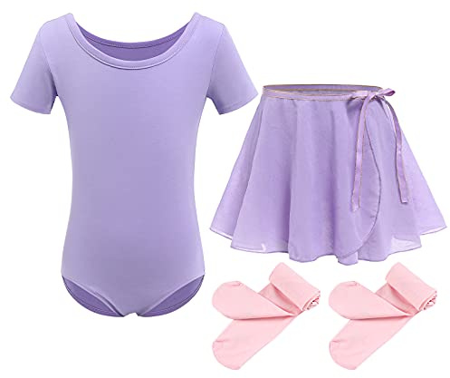 Kinder Mädchen Ballettkleidung Baumwolle Kurzarm Balletttrikot Turnanzug Tanzbody + Chiffon Wickelrock Tütü Rock Tanzkleid + Strumpfhose 3tlg Ballettanzug Violett 6-7 Jahre