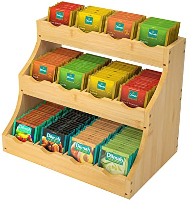 CALM COZY Bamboo Tea Bag Organizer, 3 Tier Vertical Tea Organizer, Tea Holder For Kitchen Island, Coffee Shop Or Office, Tea Storage With 12 Adjustable Partitions (Self-Assembly)