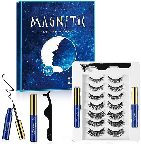 Aosun Magnetische Wimpern, Magnet Wimpern mit Eyeliner,Künstliche Wimpern, Magnetisch Wasserfest, 3D Magnetwimpernset, Magnetic Lashes, Weiche Falsche, Natürliche Wimpern Set (7 Stile)