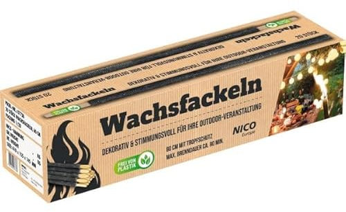 Nico Feuerwerk® 20 Stück Wachsfackeln, Brenndauer 90 Min. I hochwertige Fackeln aus Wachs mit Handschutz für Erwachsene & Kinder I Garten-Fackel für Outdoor Party, Event, Nacht-Wanderung