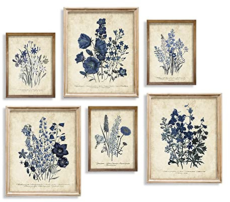 Watercolor Vintage Flower Poster Print 11x14 - Rustic Modern French Country Cottagecore Wall Art - Primitive Blue Magnolia Leaves Pictures Gallery Gift - Farmhouse Botanical Floral Kitchen Room Decor