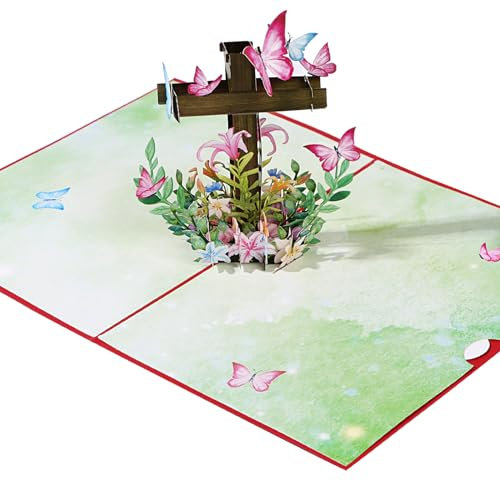BETESSIN Pop-Up Karte Kommunion - 3D Kreuz Geschenkkarte mit Blumen Design - Konfirmation Karte mit Umschlag - Geschenke für Erstkommunion, Konfirmation, Taufe, Firmung uvm.