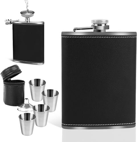 6pcs Edelstahl Flachmann Für Spirituosen，Tragbare Whiskey Flask Leak，Flachmann Set mit Trichter，für Whiskey, Rum, Wodka, Geeignet für Wandern und Party，4 kleine Tassen,8oz.227 ml Geeignet