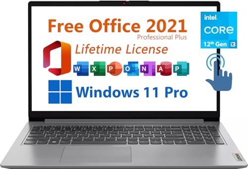 Lenovo Ordinateur portable professionnel de 15,6, Microsoft Office 2021 gratuit avec licence à vie, écran tactile FHD, Intel 6 cœurs i3-1215U jusqu'à 4,4 GHz, 16 Go de RAM, 512 Go SSD, Wi-Fi 6,