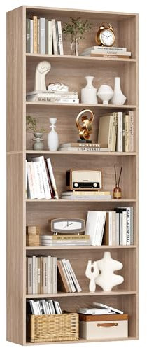FirFurd Bücherregal, Regal mit 7 Fächern, Bücherschrank, Standregal, Aufbewahrungsregal, für Wohnzimmer Büro Schlafzimmer, 209,5 x 60 x 23,5 cm, Eiche
