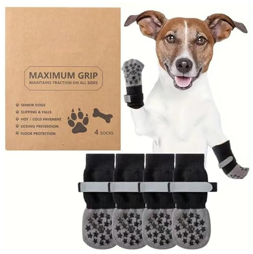 QKEPCY 4 Piezas Calcetines para Perros Calcetines Antideslizantes Interiores con Correas Ajustables Reflectantes para Interiores Calcetines Antideslizantes para Evitar Lamer Heridas