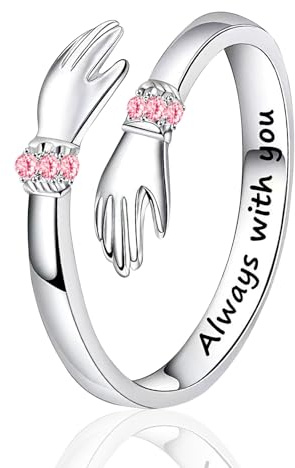 Anillo de plata de ley para mujer, con palabras grabadas, ajustable, para abrazar las manos, símbolo de amor, para hijas, mamá, hermana, esposa, amigos, día de la madre, cumpleaños o regalo de amistad