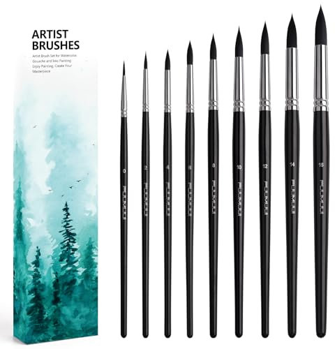 Aquarellpinsel Set - 9 Stück Premium Synthetisches Eichhörnchenhaar Rund Pinsel Set für Aquarell, Tempera | Ausgezeichnete Farbtragekapazitöt | Professionell Künstler Aquarellpinsel, Watercolor Brush