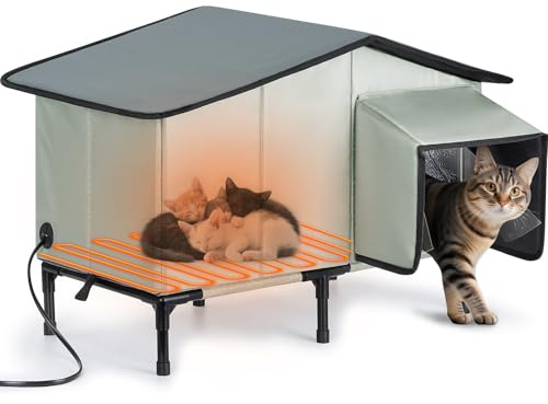 Heated Cat House Outdoor Cat House Insulated Large Elevated Weatherproof Feral Cat Shelter with Heated Pad, All-Round Insulated Cotton and Aluminum Foil Cat Shelter for Winter