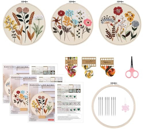 OUTALIZ Kit Broderie Debutant, 4pcs Motifs Fleurs Kit de Broderie, Broderie pour Débutant Adulte Embroidery Starter Kit Adultes, Motifs Fleurs au Point de Croix, Amateurs de Couture Cadeau