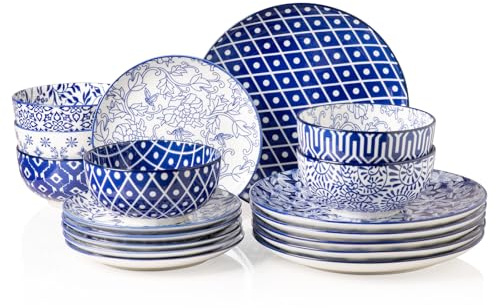 Sweejar Home Ceramic Dinnerware Sets for 6, 18 Pieces Porcelain Plates and Bowls Set, Classic Modern Simple Kitchen Dinner Dining Ware Set, Dishwasher and Microwave Safe Dishes Sets(Cobalt Blue)