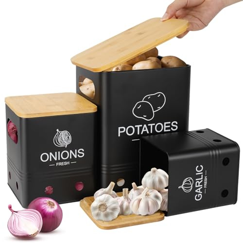 Otauoaea Lot de 3 Boite Pomme de Terre, Rangement Pomme de Terre Oignon Ail Echalotte | Boite Onion Conservation Pomme de Terre | Panier Oignons Ail Echalotte avec Couvercle en Bambou | Noir