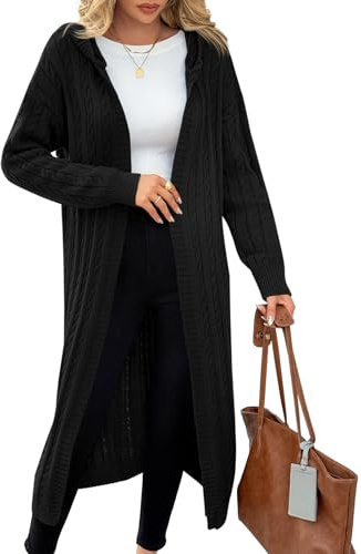 Fisoew Cardigan da donna lungo con cappuccio, cardigan a maniche lunghe, oversize, giacca aperta sul davanti., Nero , M