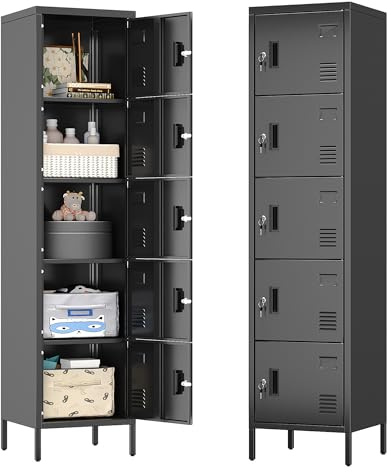 LOCENHU Armoire en métal avec trous d'aération - Armoire en métal à 5 portes - Avec porte-nom - Convient pour l'école, le bureau et la maison - À monter soi-même - 168 x 40 x 40 cm - Noir