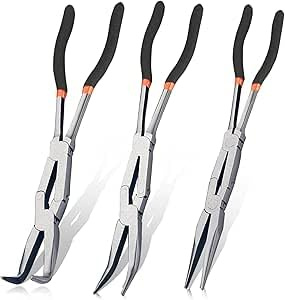 13-inch Long Reach Needle Nose Pliers Set, 3-Piece Double Jointed Pliers with Straight, 45 & 90 Degree Bent Tips for Narrow Spaces