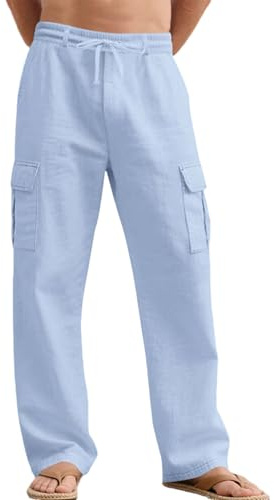 Aulemen Mens Linen Trousers Lightweight Drawstring Summer Beach Pants M-3XL | Breathable,4 Pockets,Elastic Waist,Loose Fit,Casual,Great for Holiday Travel Lounge Work