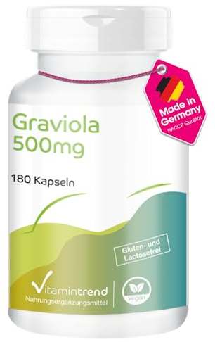 Vitamintrend Graviola ad alto dosaggio 500 mg, 180 capsule, da frutto di graviola, annona spinosa, soursop, integratore alimentare vegano senza additivi, prodotto in Germania