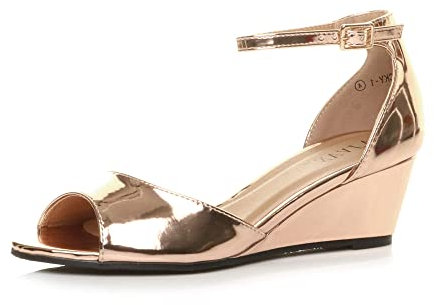 Womens Ladies Low mid Wedge Heel Ankle Strap Casual Evening Sandals, 6 UK, Rose Gold Metallic