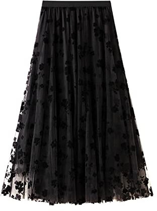 SotRong Tüllrock Schwarz Damen Midi Überlagerter Mehrlagiger Elastischer Hoch Taillierter A Linien Tutu Rock Mesh-Chiffon-Faltenrock mit Blumendekoration