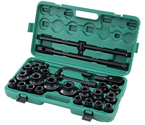 KATSU 3/4 Llaves de Vaso Impacto 26 Piezas, 21-65mm Métrica con Llave de Trinquete de 24 Dientes, Herramienta de Mecánica Reparación Motores Camiones Tractores (Budget)