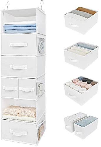 GRANNY SAYS Organizador y almacenamiento de armario colgante, 6 estantes para organizar ropa con cajones, 6 bolsillos laterales, estantes colgantes para sujetadores, calcetines, blanco, paquete de 1