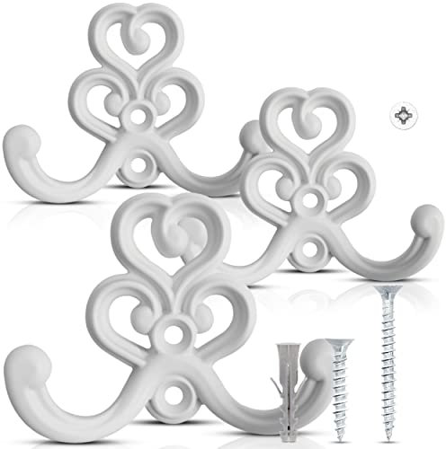 UTiLE 3 Stück Garderobenhaken Weiß Kleiderhaken Vintage Wandhaken Garderobe - Extra Stabil inkl. 12x Qualitätsschrauben und 6x Dübel Retro Shabby Chick Landhaus Stil