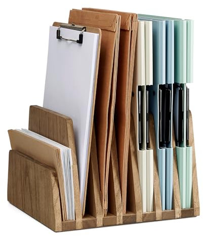 KIRIGEN hölzernen Schreibtisch Mail Organizer 7 Slots File Paper Holder Desktop Holz Dokument Letter Holder Veranstalter für Home Office gelb-braun