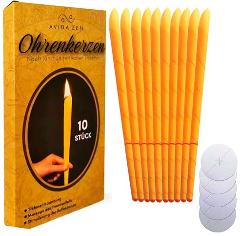 Ohrenkerzen, 10 Ohrkerzen mit Sicherheitsfilter + 5 Schutzscheiben, Ohrenkerzen zur Reinigung und Entspannung aus natürlichem Bienenwachs, Ohrenschmalz entfernen
