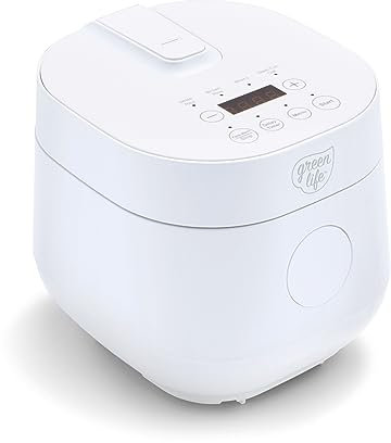 GreenLife Digital Rice & Beans Cooker, 2-Cups Uncooked/4-Cups Cooked, Removable Nonstick Ceramic PFAS-Free Pot, One-Touch Presets, Oats, Quinoa, Brown Rice, Auto Keep Warm, Fuzzy Logic Tech, 1.5 QT, White