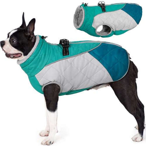AOFITEE Dog Coat, Dog Winter Coat, Reflective Small Dogs Jacket with Harness Built in and Fleece Lined, Waterproof Pet Winter Jacket Warm Snowsuit for Small Medium Large Dogs, Green M