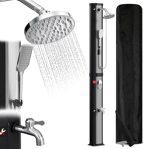 Randaco Ducha Solar para jardín, Agua Caliente hasta 60 °C, sin conexión eléctrica, Ducha de Piscina, Camping con Ducha de pies y Cabezal de Ducha de Lluvia Giratorio, Color Plateado y Negro (60 L)