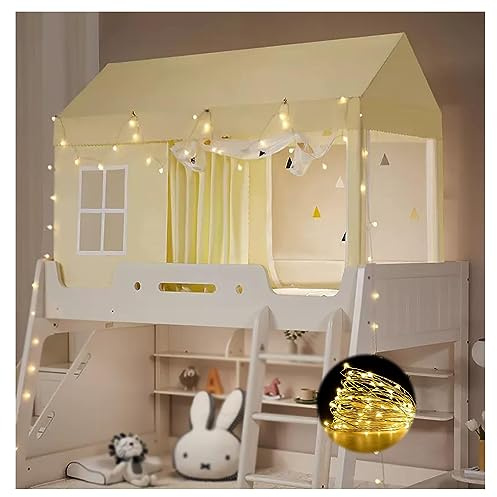barn säng tält ， Twin Top Våningssäng tältkapell med ram, sänghölje for flickor med ljus, himmelssäng i rostfritt stål(Yellow,90cm)